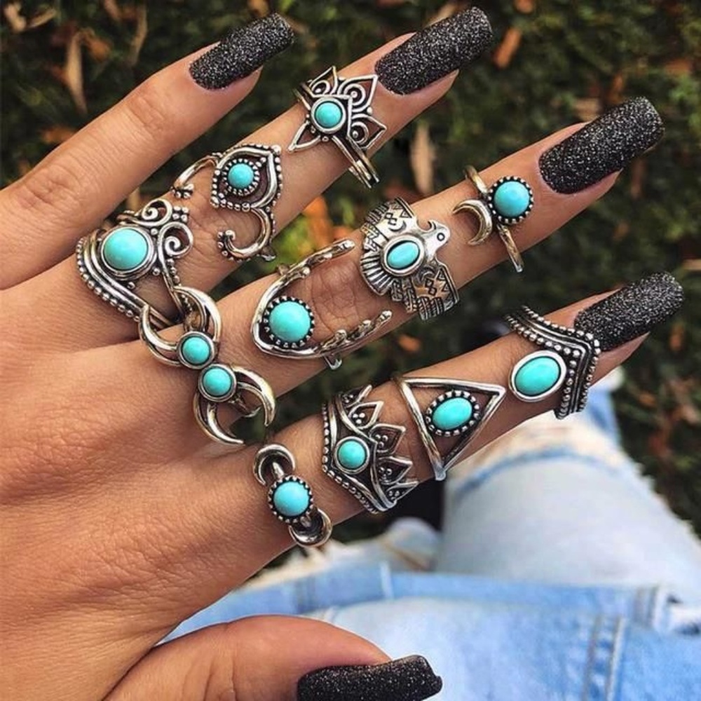Turquoise Silver Boho Stacked Ring Set of 10